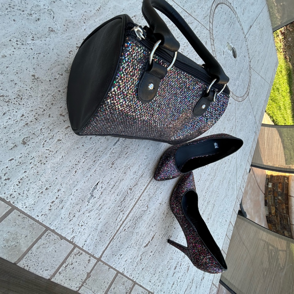 BLACK GLITTER HEELS PUMPS Black Multicolored Sparkly Glitter - Picture 10 of 12